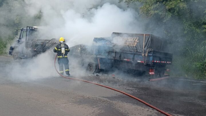 Caminhão é consumido pelo fogo na BR 158 em Palmitos