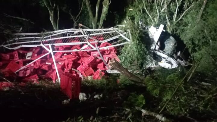 Caminhão sai de pista em Pinhalzinho e cai em ribanceira