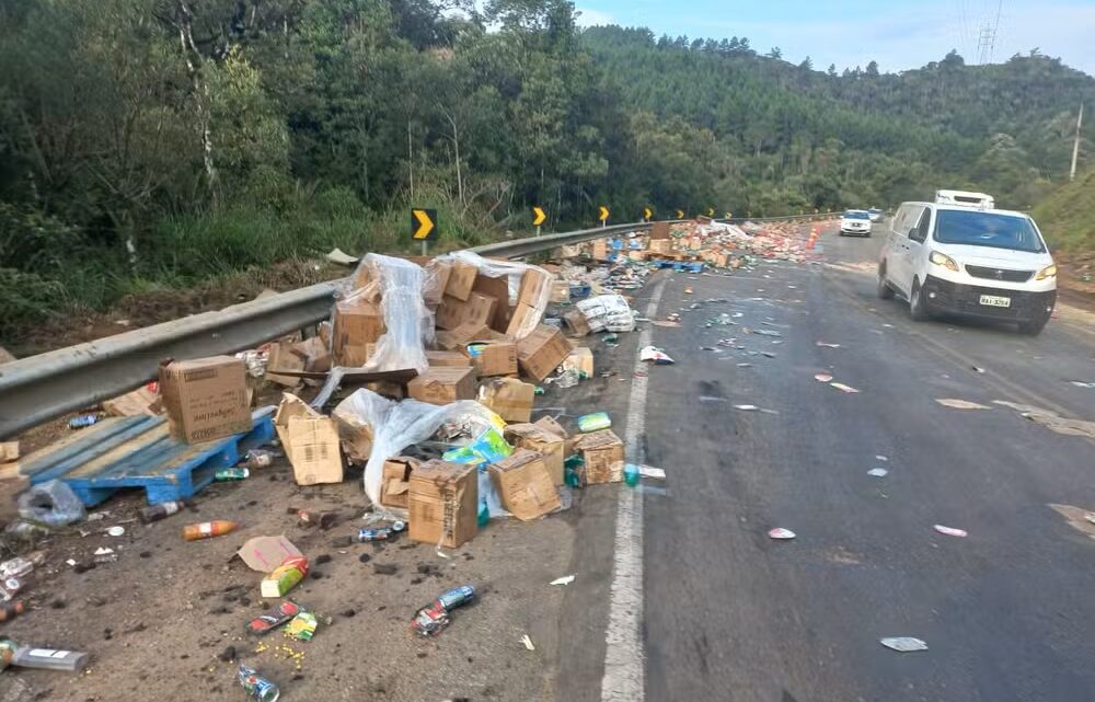 Caminhão tem carga de cerveja e comida saqueada após tombar em SC