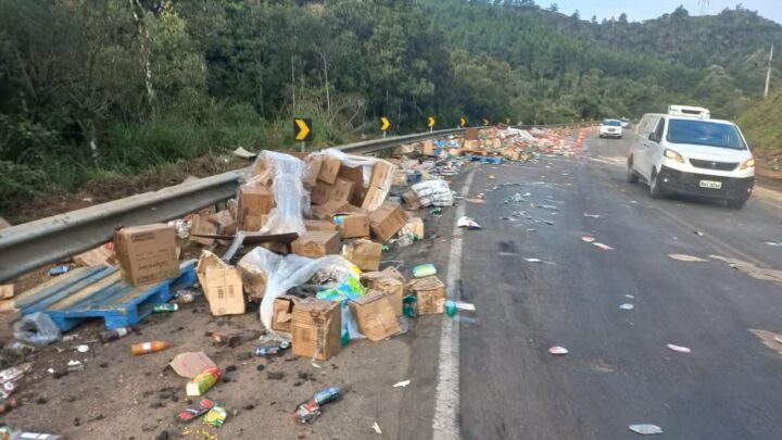 Caminhão tem carga de cerveja e comida saqueada após tombar em SC