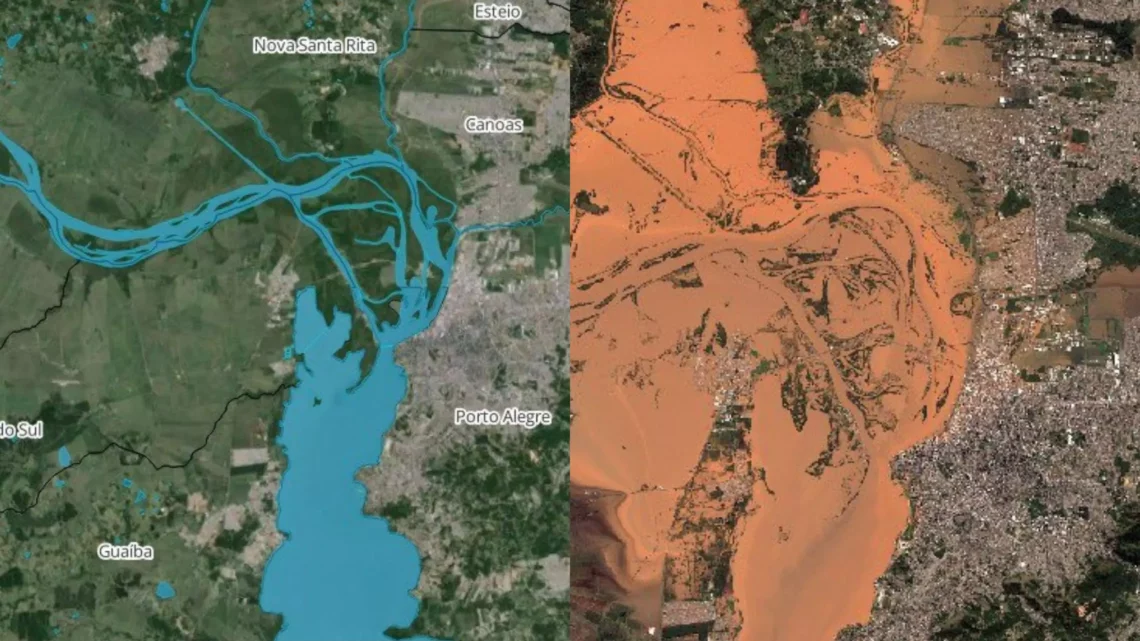 Imagens de satélite mostram “antes e durante” enchente em Porto Alegre