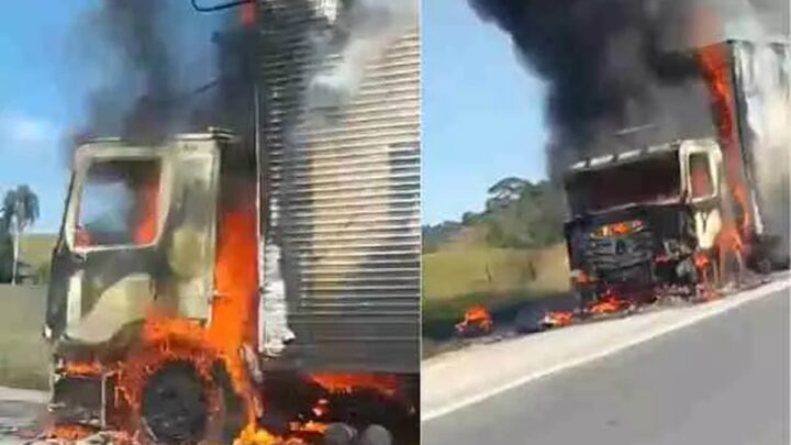 Caminhão baú é consumido pelo fogo na BR-101