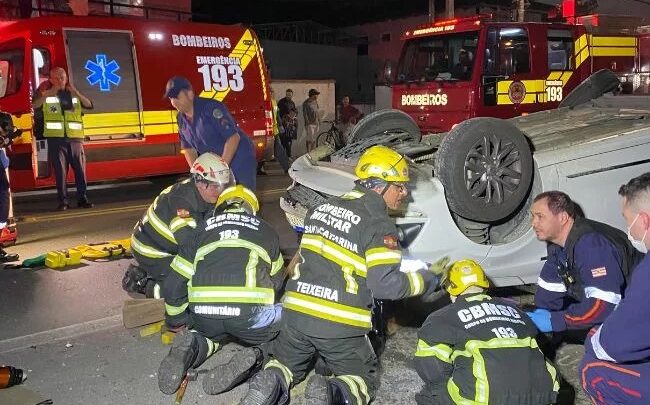 Carro sai da pista atropela pedestres e capota em SC