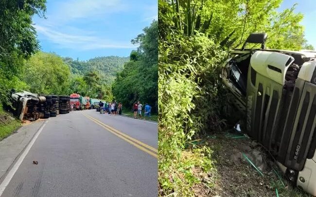 Carreta tomba na BR-470 em Ibirama e motorista fica gravemente ferido