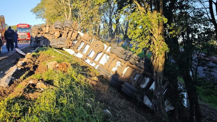 Motorista perde o controle e caminhão tomba na BR-282