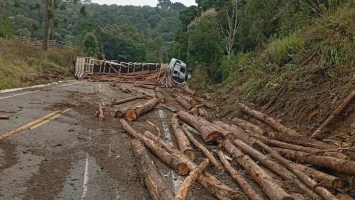 Caminhão com toras de madeira capota e bloqueia SC-112 em Rio Rufino