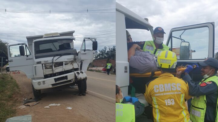 Motorista fica preso às ferragens após colisão entre caminhões na SC-410