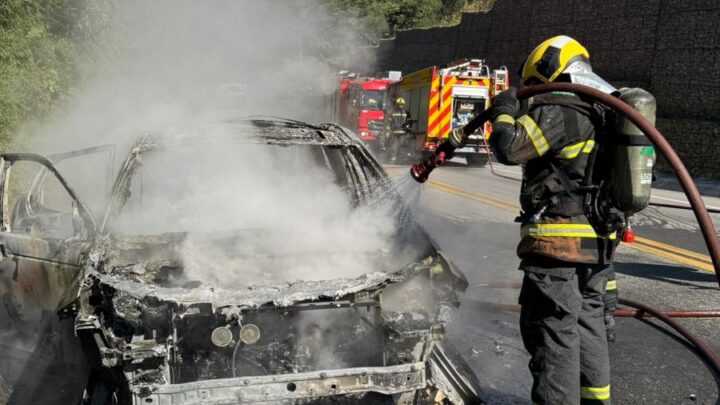 Veículo é destruído pelo fogo na BR-282