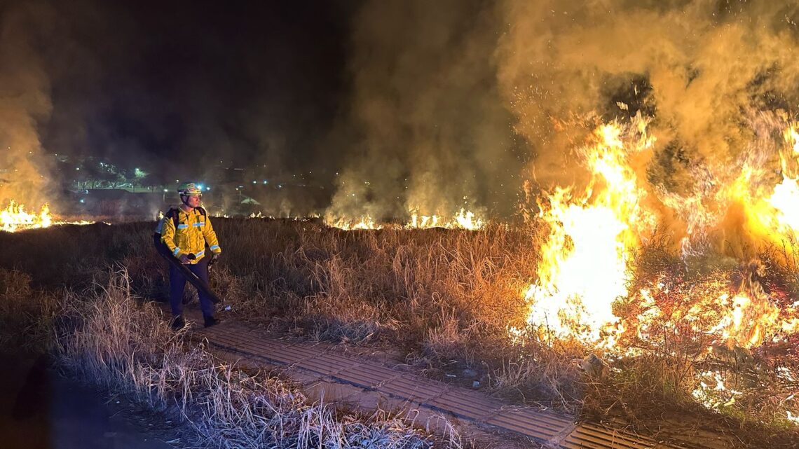Bombeiros atendem incêndio de grandes proporções em vegetação em Xanxerê Bombeiros atendem incêndio de grandes proporções em vegetação em Xanxerê