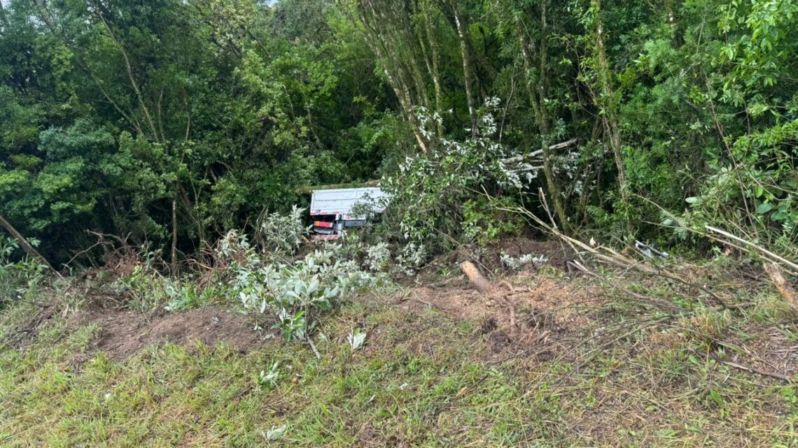 Caminhão sai de pista e capota em ribanceira na BR-282 em Bom Retiro; veja as imagens