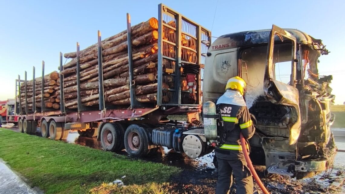 Caminhão carregado com madeira pega fogo na BR-282
