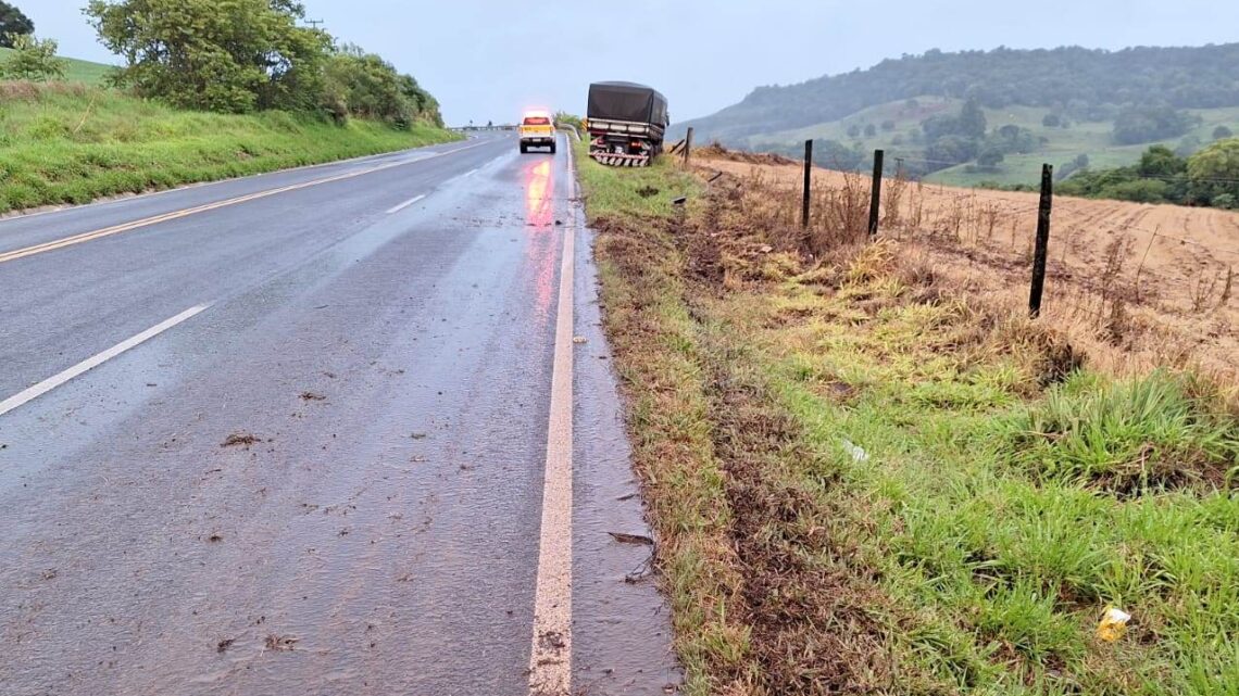 Carreta sai da pista após descuido de motorista ao tentar pegar garrafa de água