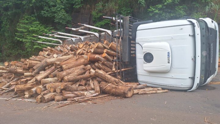Caminhão carregado com madeira tomba na pista após ficar sem freios